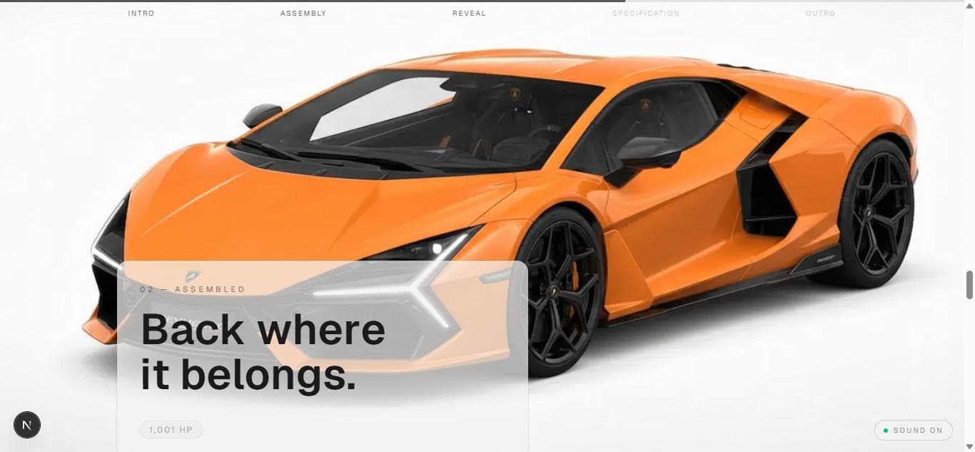 Revuelto: Assembled — the reveal beat, 'Back where it belongs,' the fully assembled Lamborghini Revuelto with its 1,001 HP spec chip