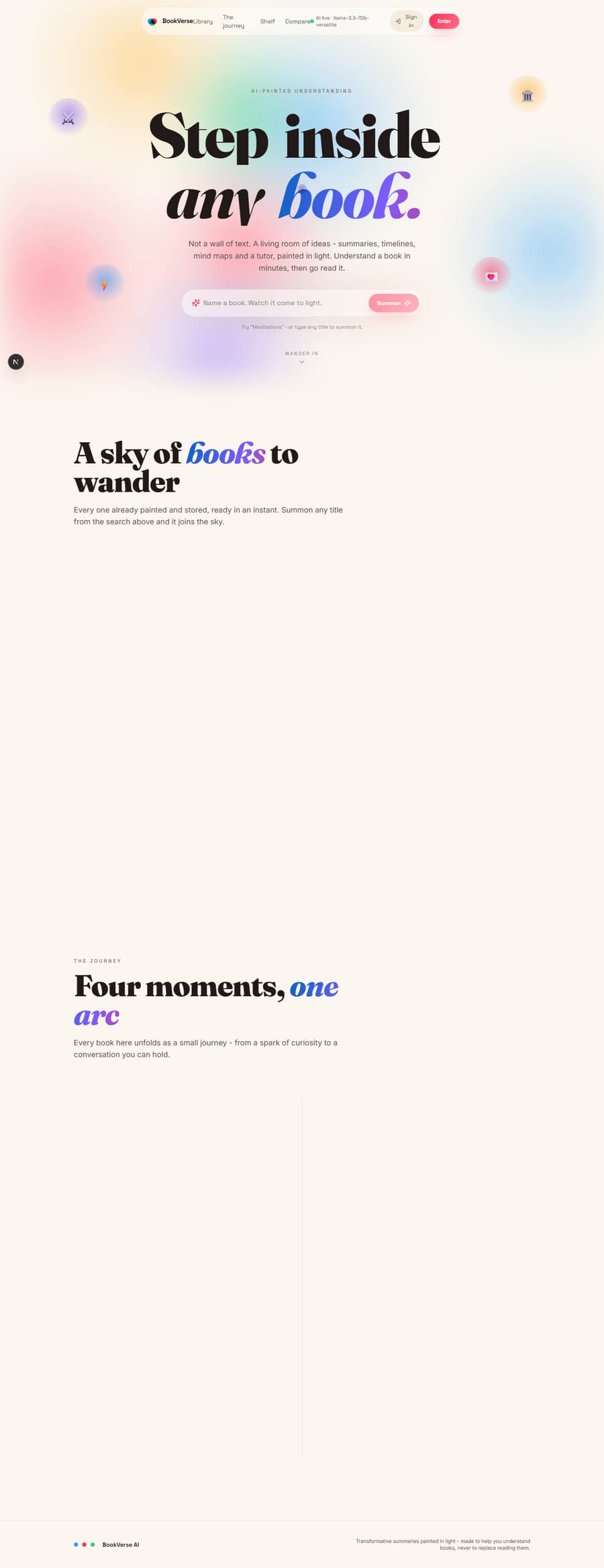 BookVerse AI's real landing page, full length — 'Step inside any book', with its live model badge and Summon search